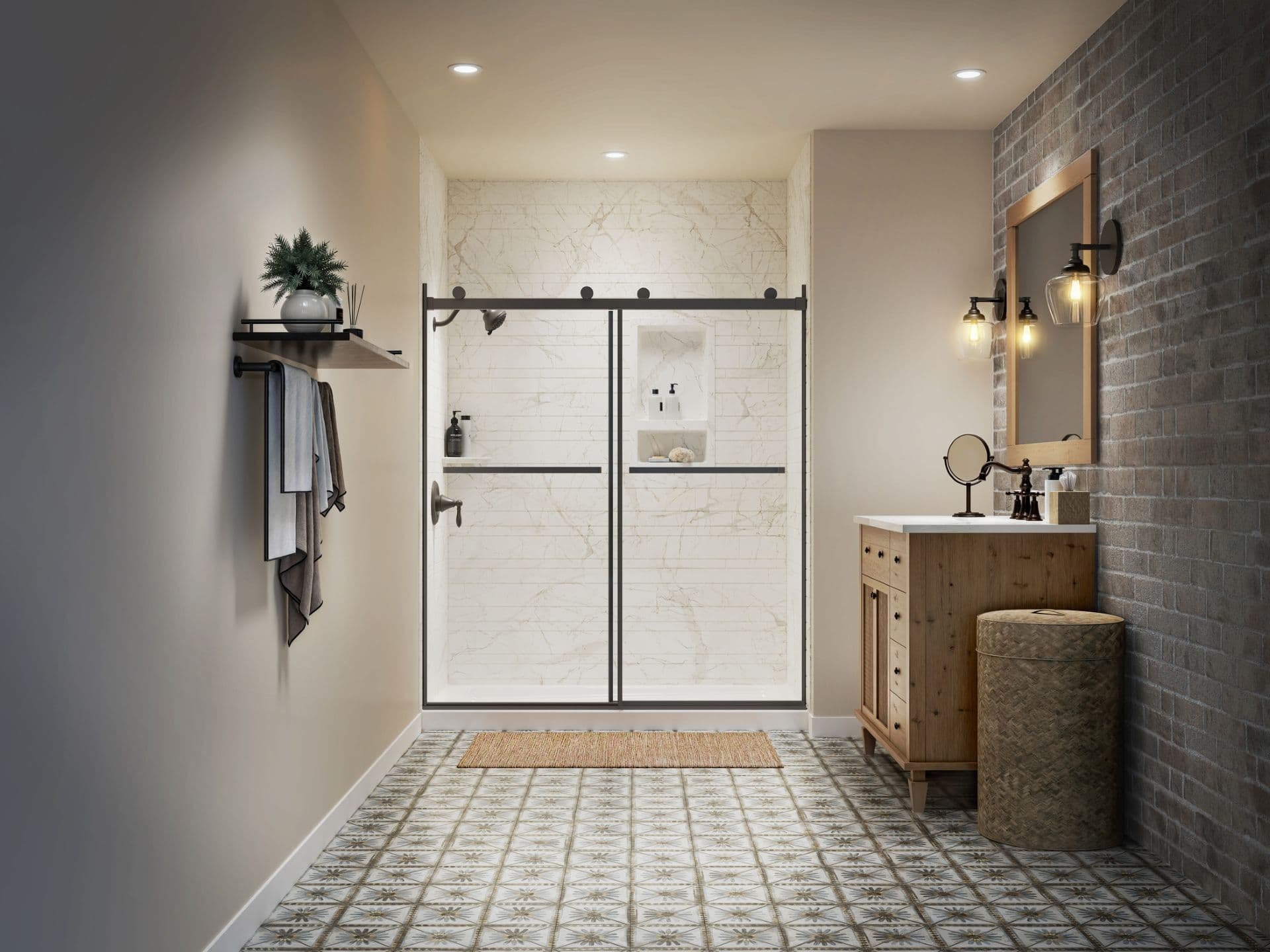 Modern bathroom with marble-tiled walk-in shower, wooden vanity, brick accent wall, and pendant lighting fixtures.