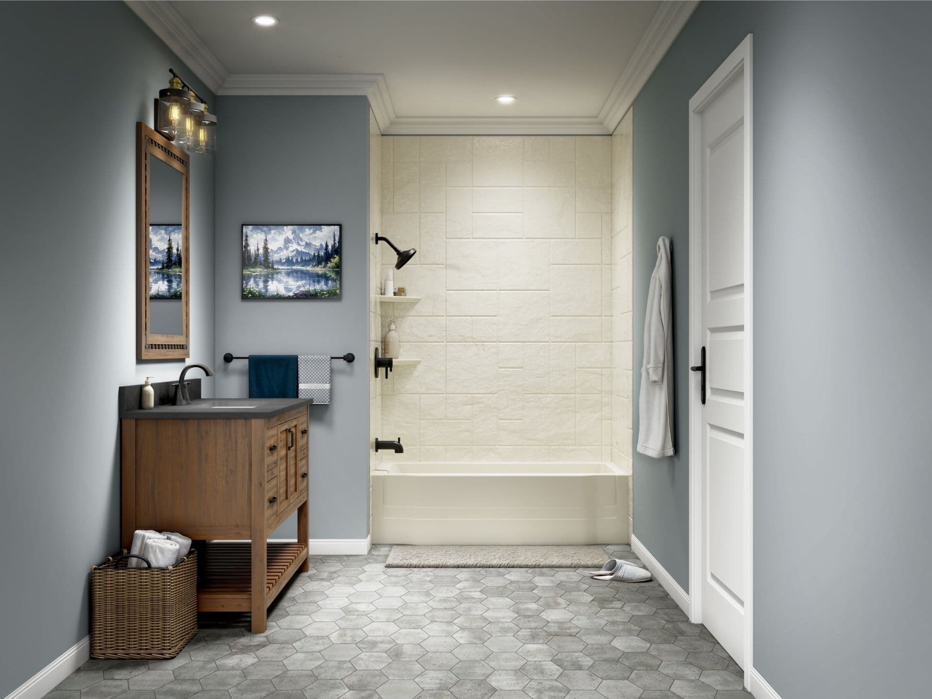 Modern bathroom with wood vanity, sink, and mirror on left wall, cream tile shower with tub enclosure and black fixtures in center, hexagonal floor tiles, and white door on right.
