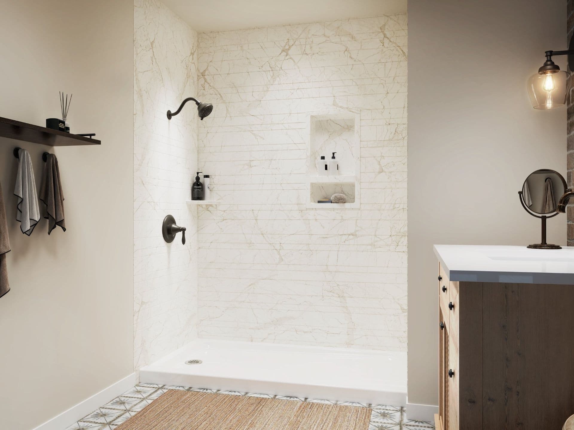 Modern bathroom with walk-in shower featuring marble-look tile walls, black fixtures, built-in shelf niches, and separate vanity area with white countertop and dark wood cabinetry.